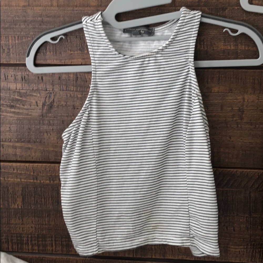 Racerback black and white striped crop top.